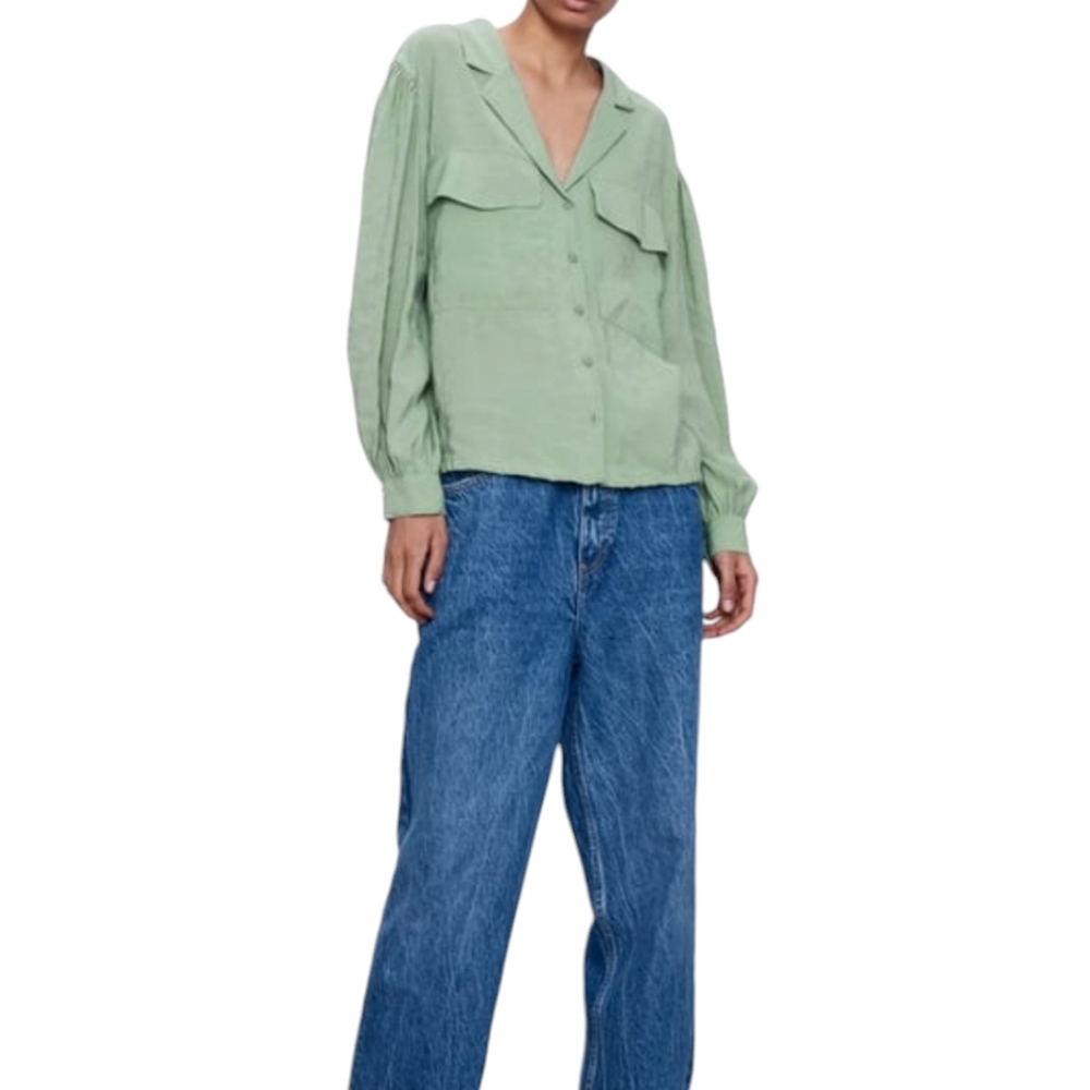 ZARA Green flowy button up shirt, size S, pockets, collared